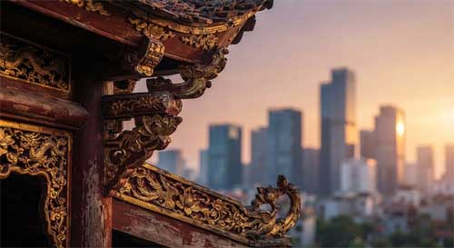 Templo confuciano tradicional vietnamita con techo curvo, integrado visualmente con edificios modernos de fondo, simbolizando la continuidad cultural