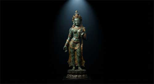 Escultura tradicional de bronce de una deidad hindú o budista, con detalles intrincados, iluminada dramáticamente sobre fondo oscuro