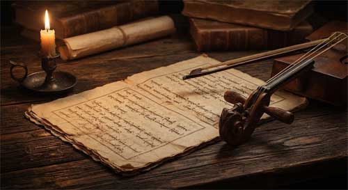 Manuscrito antiguo de la epopeya del Rey Gesar abierto sobre una mesa de madera rústica, con un instrumento musical tradicional morin khuur al lado