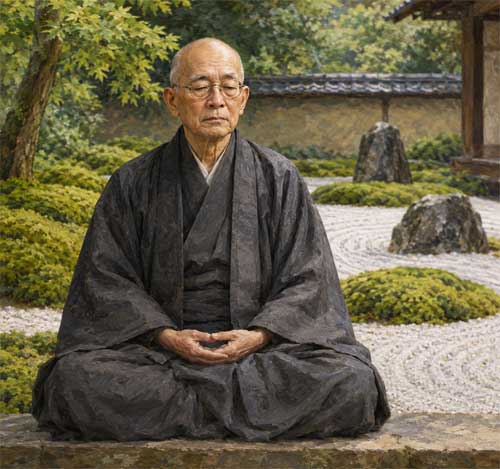 Retrato sereno de D.T. Suzuki con fondo de jardín zen de piedras y musgo, simbolizando la conexión entre mente y naturaleza