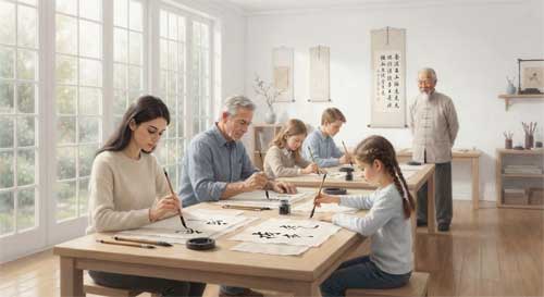 Taller tranquilo en Francia con alumnos europeos practicando sumi-e bajo la guía atenta de un maestro, con luz suave filtrándose por ventanas altas
