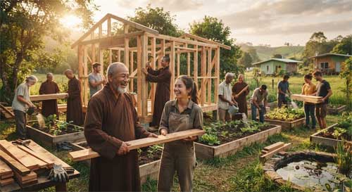 Monjes y laicos trabajando juntos en un campo de arroz o ayudando en una comunidad, combinando túnicas tradicionales con acción práctica