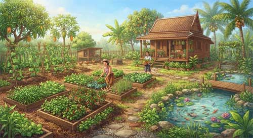 Huerto familiar diverso y autosuficiente con vegetales, peces y árboles frutales, simbolizando la economía de suficiencia tailandesa