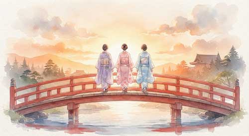 Tres siluetas femeninas estilizadas con kimonos de diferentes épocas, caminando juntas hacia un horizonte luminoso, simbolizando la unión del feminismo japonés