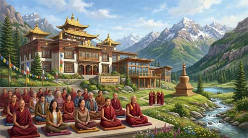 Templo tibetano tradicional integrado en un paisaje occidental con estudiantes meditando