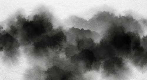 Paisaje montañoso envuelto en niebla densa, creado con grandes lavados de tinta gris y negra que se funden sin líneas definidas, estilo Haboku