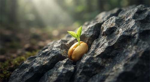 Una pequeña semilla brillante brotando con fuerza entre grietas de piedra oscura, simbolizando la resistencia pacífica y la filosofía del Ssial de Ham Seok-heon
