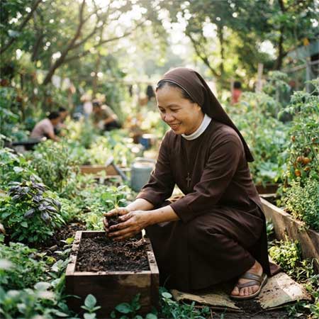 Monja vietnamita sosteniendo una planta joven en un jardín comunitario con luz filtrada