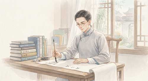 Joven intelectual chino escribiendo con pincel sobre papel blanco, rodeado de libros modernos occidentales, simbolizando la transición cultural