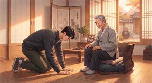 Joven inclinándose respetuosamente ante un anciano sentado, en un entorno doméstico tradicional coreano, simbolizando el respeto intergeneracional