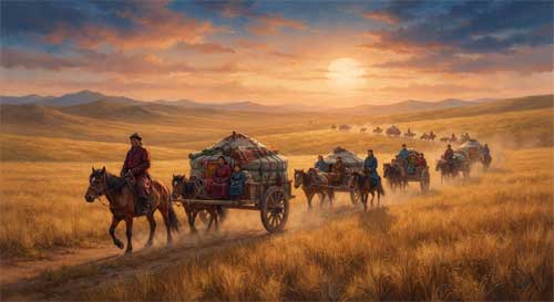 Caravana de caballos y yurts desmontables moviéndose suavemente por la estepa dorada al atardecer, simbolizando la movilidad sostenible
