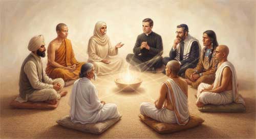 Círculo de personas de diferentes culturas y religiones sentadas juntas en diálogo, con símbolos espirituales diversos al centro