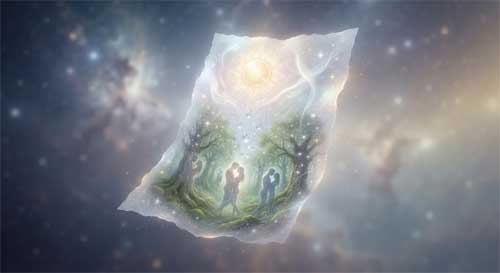 Una hoja de papel transparente mostrando en su interior imágenes sutiles del sol, la lluvia, el bosque y el leñador, simbolizando la interconexión