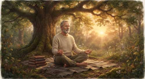 Silueta serena de un hombre sentado en meditación bajo un árbol grande, con libros de psicología y textos budistas apilados suavemente a un lado