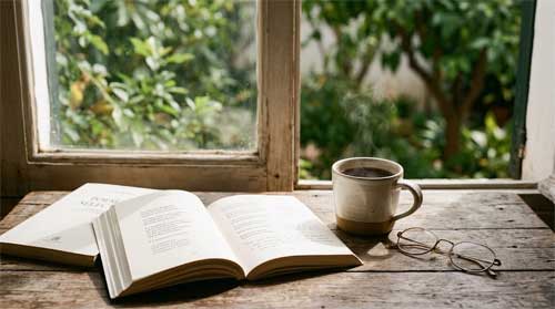 Libro de poemas abierto sobre una mesa de madera con una taza de té y luz natural entrando por la ventana