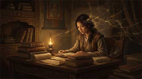 Mujer erudita estudiando manuscritos tibetanos con hilos dorados simbolizando la conciencia almacén
