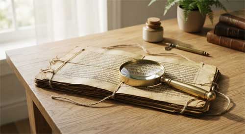 Manuscrito antiguo de hojas de palma abierto sobre una mesa de madera clara, con una lupa moderna descansando encima, simbolizando la investigación crítica de los textos