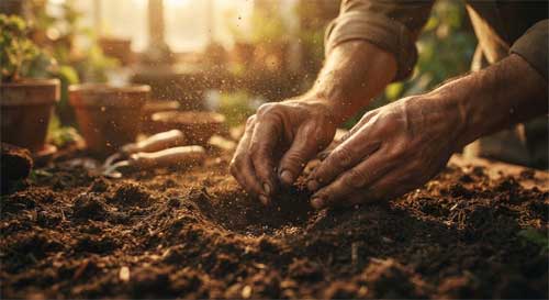 Manos trabajando la tierra o realizando una artesanía con luz dorada suave, simbolizando la acción consciente y sagrada