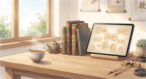 Estudio moderno con libros de filosofía antigua y una tableta digital encendida, simbolizando la fusión de sabiduría ancestral y medios contemporáneos