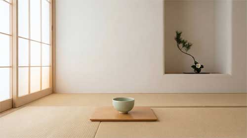 Sala de té luminosa con tatami impecables, cuenco de cerámica Kutani con esmalte suave y forma elegante pero sencilla, arreglo floral ikebana minimalista con una sola rama de pino, luz natural difusa entrando por shoji limpio