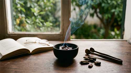 Utensilios tradicionales de Kōdō sobre una mesa de madera oscura con humo sutil ascendiendo