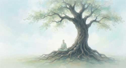 Silueta solitaria de un hombre meditando bajo un árbol vasto y antiguo, con un cielo abierto e infinito de fondo, simbolizando la libertad total