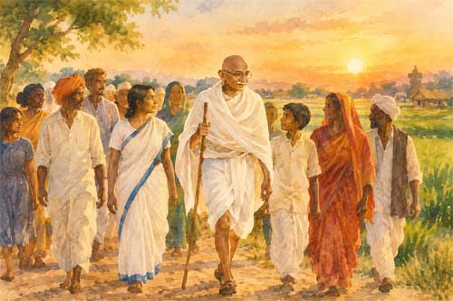 Silueta de Gandhi caminando con bastón junto a un grupo diverso de personas, simbolizando la marcha pacífica y la unidad social