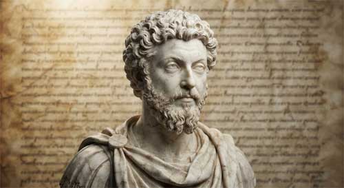 Busto de mármol de Marco Aurelio con expresión serena, sobre un fondo de pergamino antiguo con escritura difuminada, simbolizando la reflexión estoica