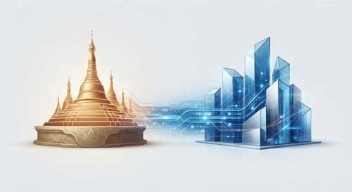 Puente simbólico entre una estupa birmana antigua y un edificio moderno de cristal, representando la transmisión de la sabiduría meditativa