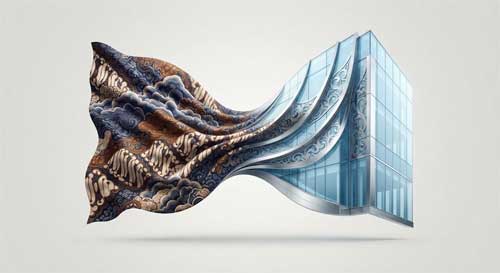 Composición artística que fusiona elementos tradicionales indonesios como el batik con estructuras arquitectónicas modernas de cristal y acero