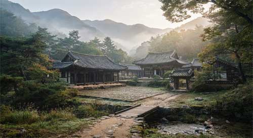 Academia confuciana tradicional coreana (Seowon) nestled en montañas brumosas, con arquitectura de madera y tejas curvas