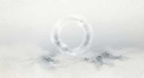 Espacio vacío circular rodeado de niebla y montañas difusas, representando el concepto filosófico de Basho o Lugar en la Escuela de Kioto