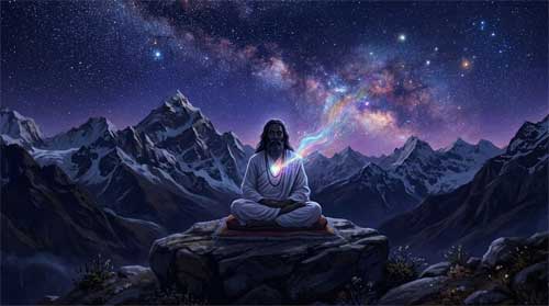 Paisaje místico del Himalaya con un yogui meditativo bajo un cielo estrellado y auroras