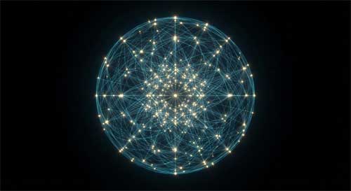 Red luminosa de nodos interconectados formando una esfera compleja, donde cada punto brilla en relación con los demás, simbolizando la red cósmica
