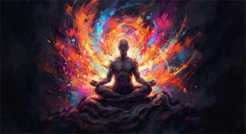 Figura meditativa rodeada de colores vibrantes y elementos festivos, simbolizando la unión de espiritualidad y celebración vital