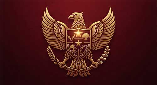 Escudo nacional indonesio Garuda con los cinco símbolos de Pancasila integrados artísticamente, sobre fondo rojo y blanco