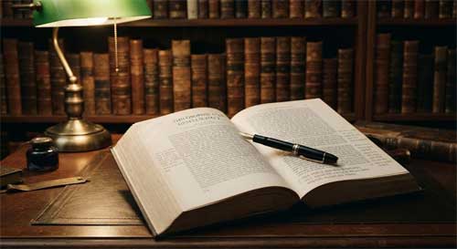 Libro abierto de filosofía europea con anotaciones manuscritas en coreano, sobre un fondo de biblioteca universitaria clásica
