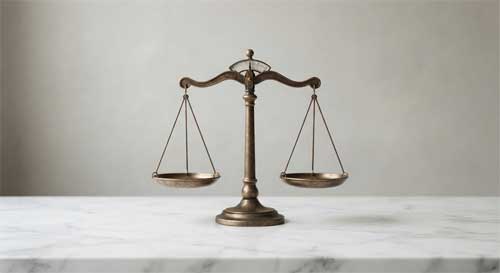 Balanza antigua en perfecto equilibrio sobre un fondo neutro, simbolizando la isostenia y la suspensión del juicio pirrónica