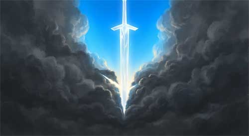 Una espada de luz brillante cortando una nube oscura, revelando un cielo azul claro detrás, simbolizando la sabiduría que disipa la ignorancia