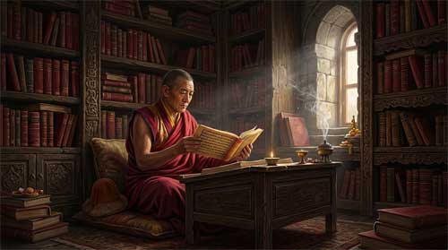 Monje Sakya estudiando textos antiguos en una biblioteca monástica con luz cálida