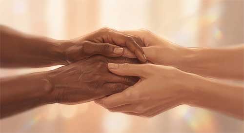Dos pares de manos entrelazadas suavemente sobre un fondo cálido y difuso, simbolizando la conexión humana y el amor benevolente