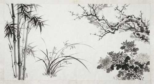 Composición clásica de sumi-e mostrando ramas de bambú, hojas de orquídea, flores de ciruelo y crisantemos entrelazados armoniosamente en tinta negra sobre papel blanco