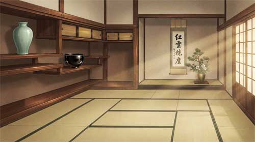 Sala shoin amplia con tatami impecables, estanterías asimétricas exhibiendo jarrones celadón chinos y cuencos tenmoku lacados en negro brillante, rollo caligráfico Song colgado en tokonoma iluminado por luz dorada lateral