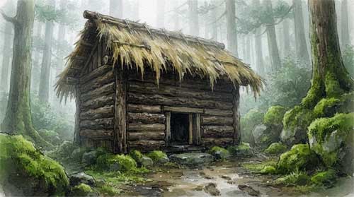 Exterior de choza de té sōan diminuta construida con troncos sin desbastar y techo paja arroz desgastado, entrada nijiriguchi pequeña requiring gateo, entorno bosque neblinoso con musgo cubriendo piedras circundantes