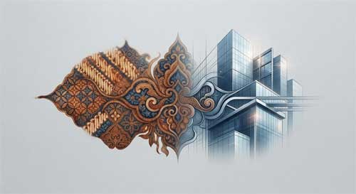 Composición artística que fusiona elementos tradicionales indonesios como el batik con estructuras arquitectónicas modernas, simbolizando la síntesis de Soedjatmoko