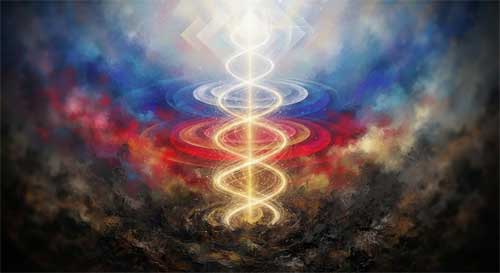 Espiral luminosa ascendente que atraviesa capas de colores oscuros hacia una luz blanca intensa en la cima, simbolizando la evolución consciente