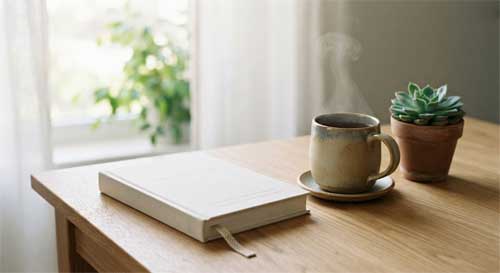 Libro moderno de tapa dura sobre una mesa de café junto a una taza de té, con una planta verde pequeña al lado, simbolizando la práctica laica cotidiana
