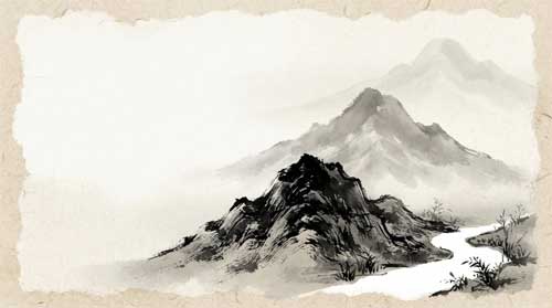 Paisaje montañoso neblinoso pintado en tinta negra sobre papel washi beige, con gradaciones sutiles desde negro intenso hasta gris etéreo, dejando amplias zonas de papel sin pintar que sugieren nubes y distancia atmosférica