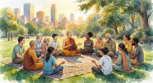 Grupo diverso de personas de diferentes culturas sentadas en círculo en un entorno natural, dialogando pacíficamente, simbolizando la red internacional de budistas comprometidos