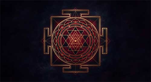 Símbolo yantra geométrico complejo en rojo y negro sobre fondo oscuro, irradiando energía vibrante, representando la estructura cósmica tántrica